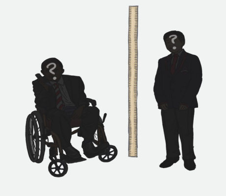 A person in a wheelchair another standing separated by a wall