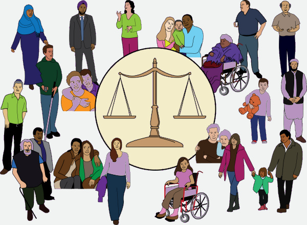 An illustration of justice scales surrounded by people of diverse ethnicity and physical health