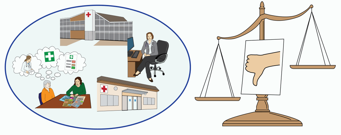 A merged image of a hospital experience and a scales of justice.