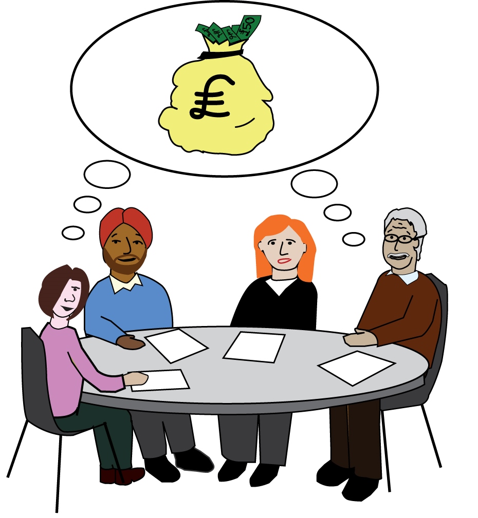 People sitting at a table, they share a thought bubble showing a bag of money.