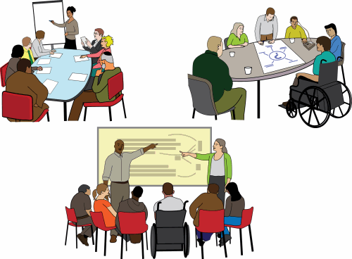 People holding workshops, in groups , they are using clipboards, posters and wall boards