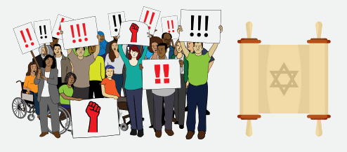 A torah depicted beside disabled people protesting with banners